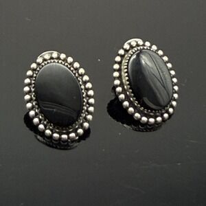 Vintage Sterling Oval Onyx Pebbled Silver Pierced Stud Earrings 3/4" Signed Beau